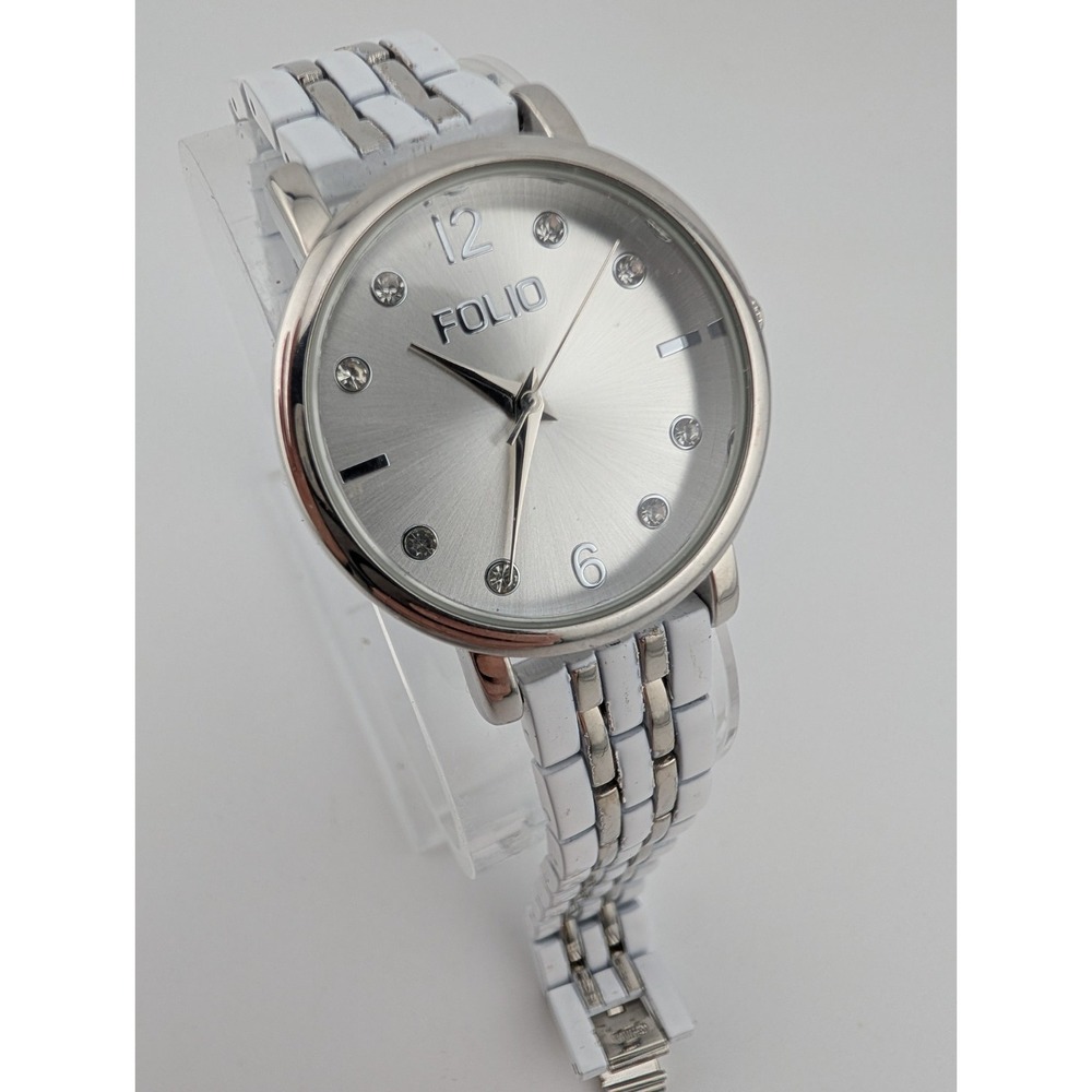 Folio Watch‎ Women 31mm Silver Case White/Silver 7.5" Band- New Battery